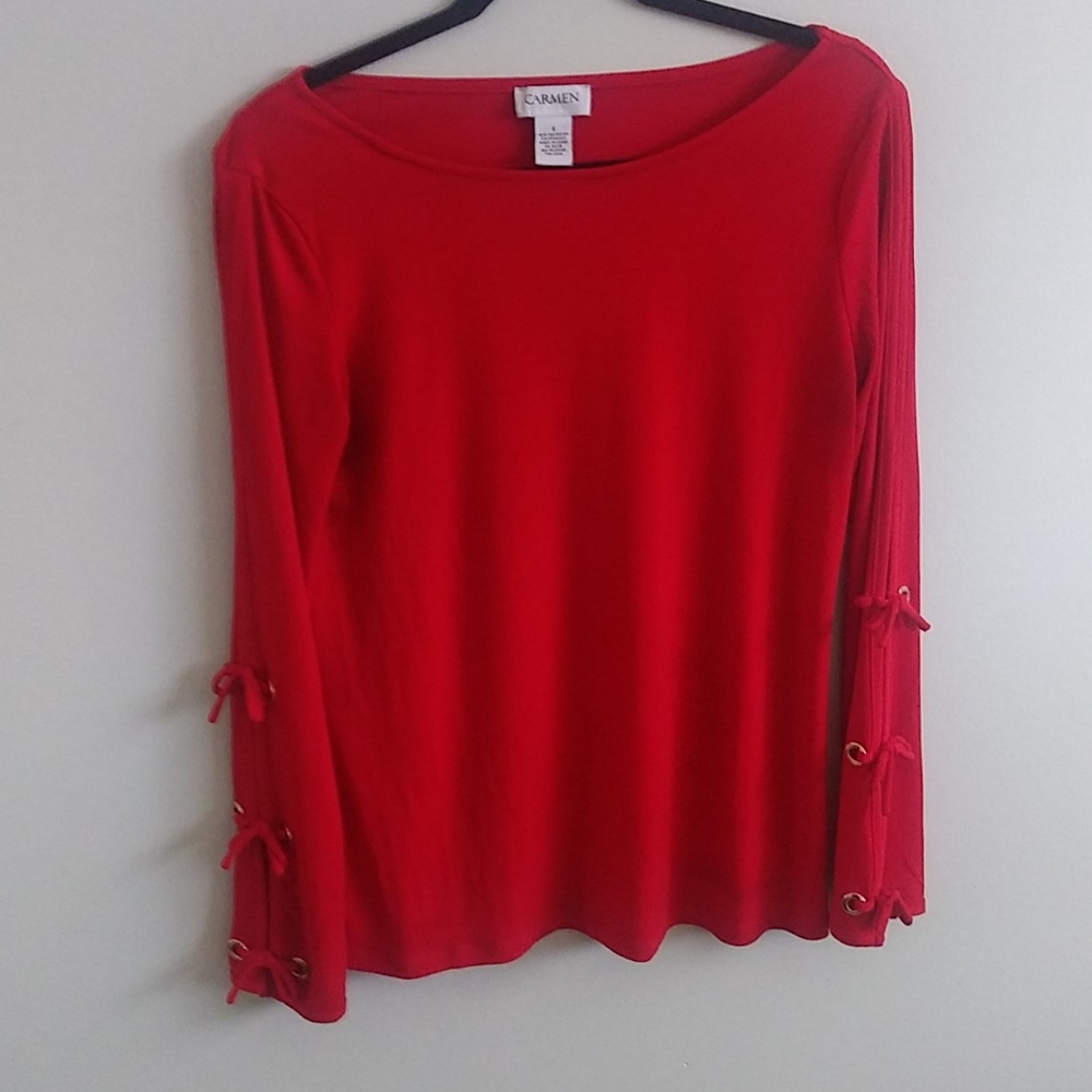 Bright red blouse with gold lacing details